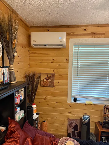 Indoor ductless mini split air handler mounted on wood wall in Georgetown