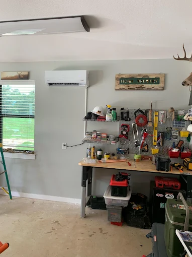 Indoor ductless mini split air handler in home brewery / workshop in Schertz