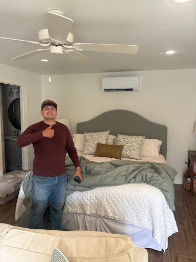 Indoor ductless mini split air handler mounted in Pflugerville home bedroom