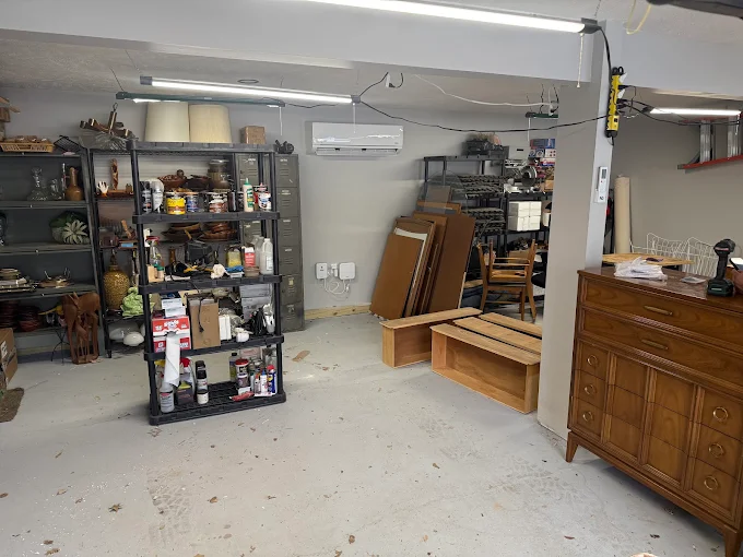 Indoor ductless mini split wall unit installed in garage workshop in Cedar Park area