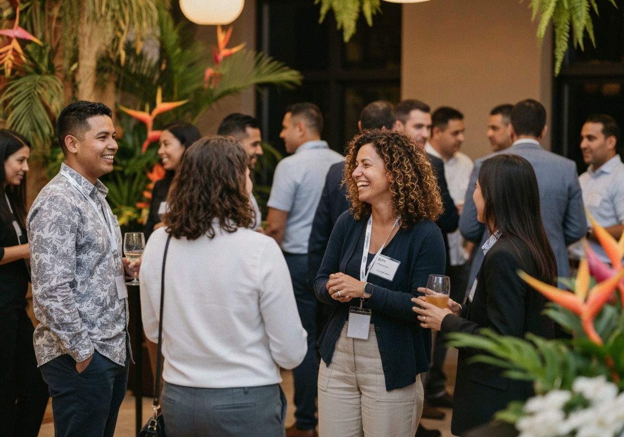 Professionals networking in a lively setting