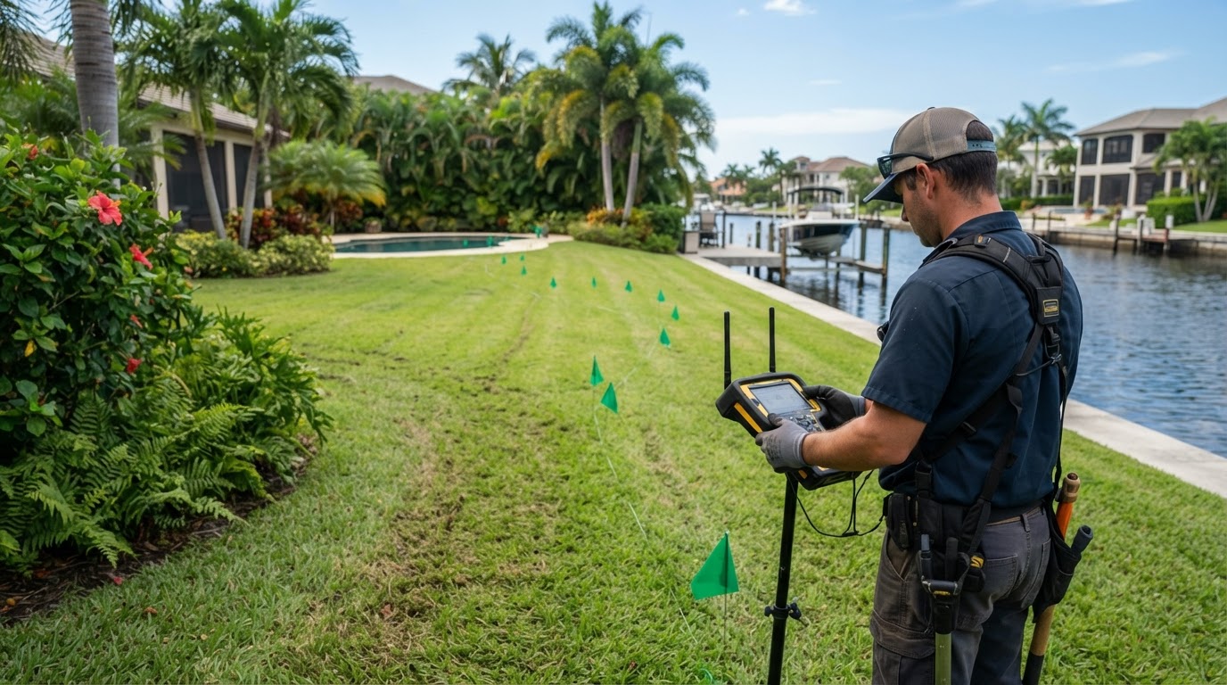 Sewer line locating before pool installation excavation on Palm Beach island