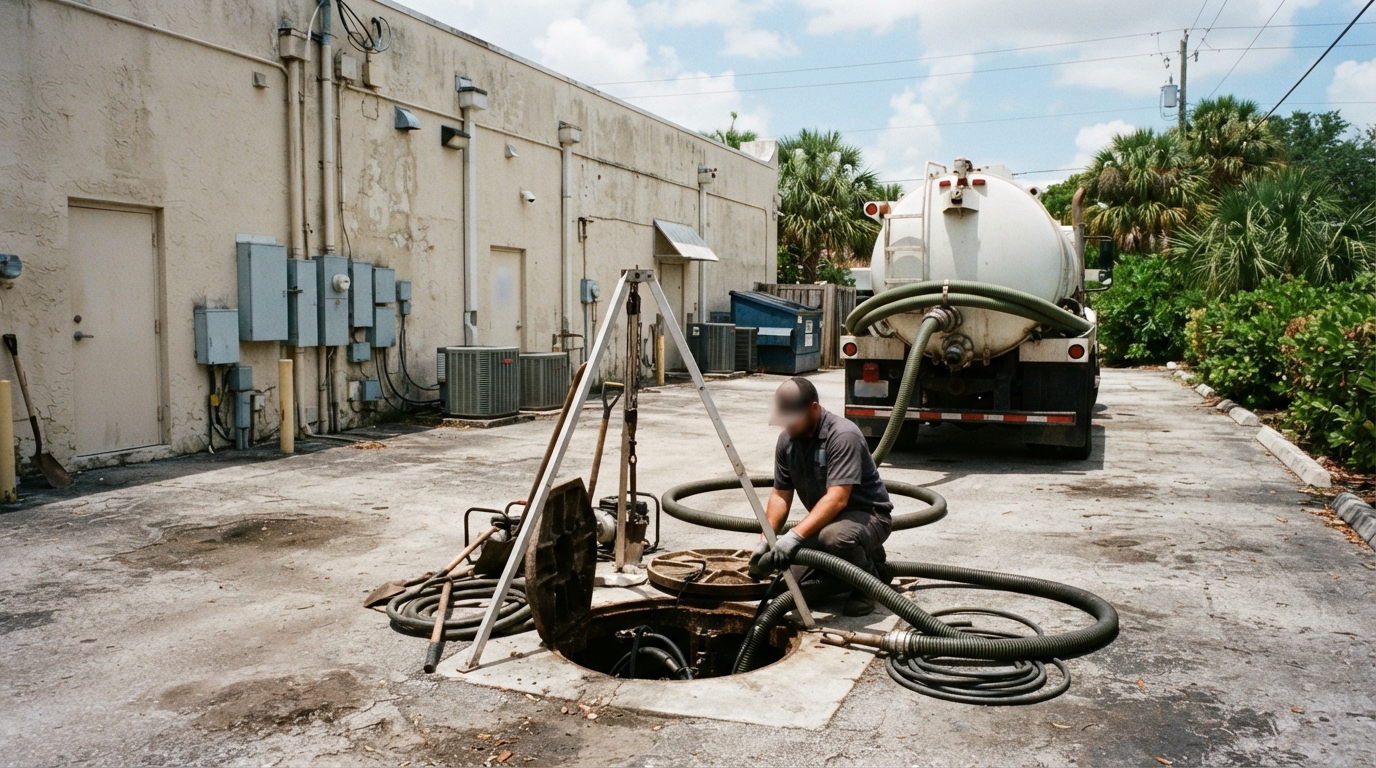 Commercial septic service at a small retail plaza in Palm Springs, Florida