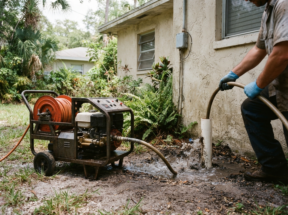 Hydro-jetting clearing hard water scale buildup at a West Palm Beach home