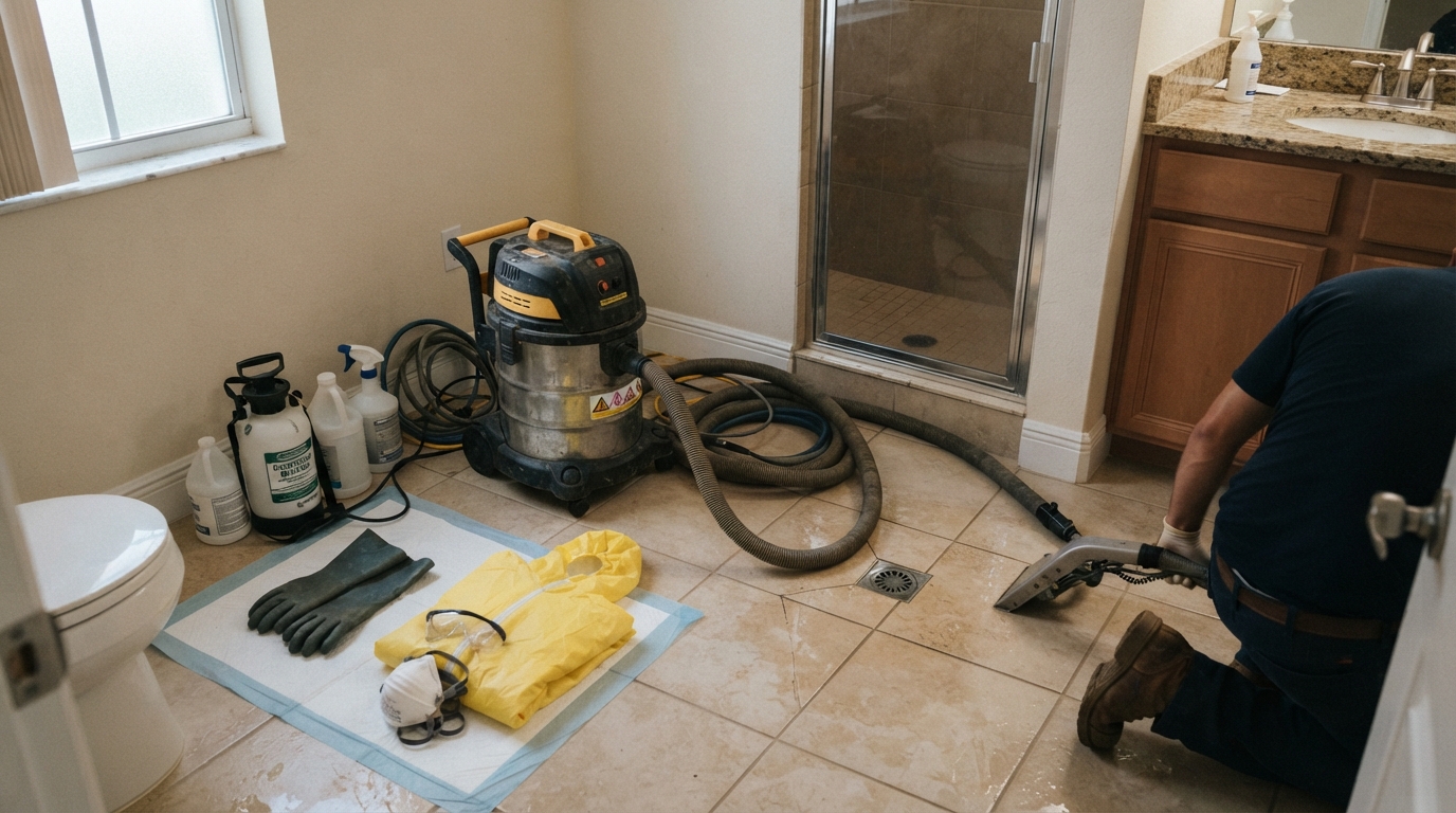 Sewage backup cleanup equipment staged in a Greenacres home following a storm-related backup