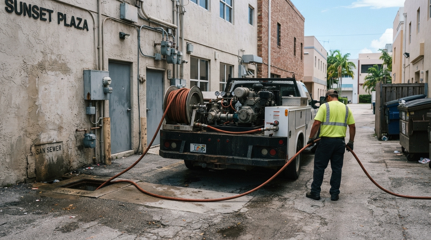 Commercial hydro-jetting service at an office and retail building along Okeechobee Boulevard