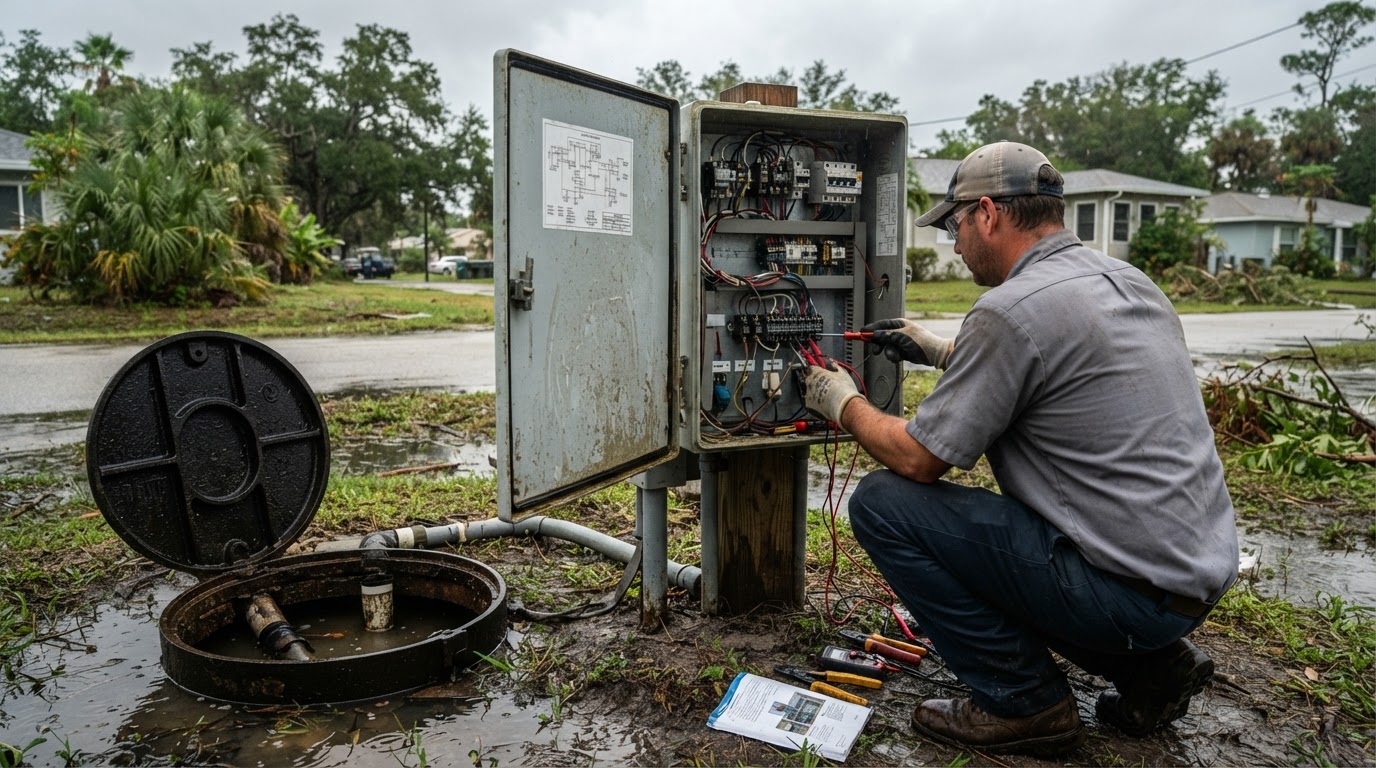 Sewage lift station float switch repair after a storm-related power outage in Riviera Beach