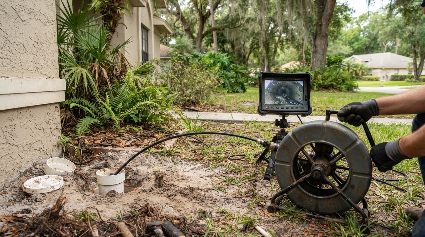 Camera inspection confirming recurring root intrusion at a Riviera Beach home