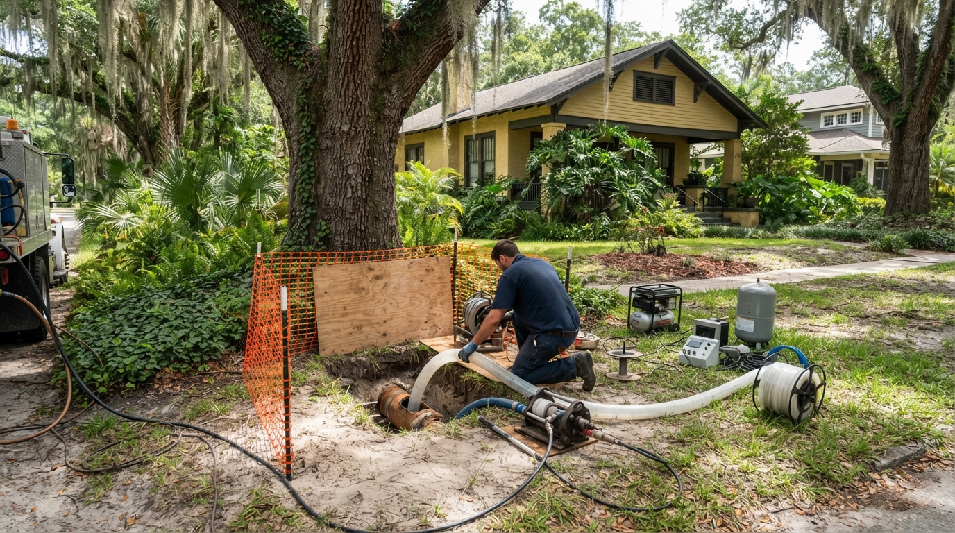 CIPP lining access point for root intrusion repair in West Palm Beach's Northwest Historic District
