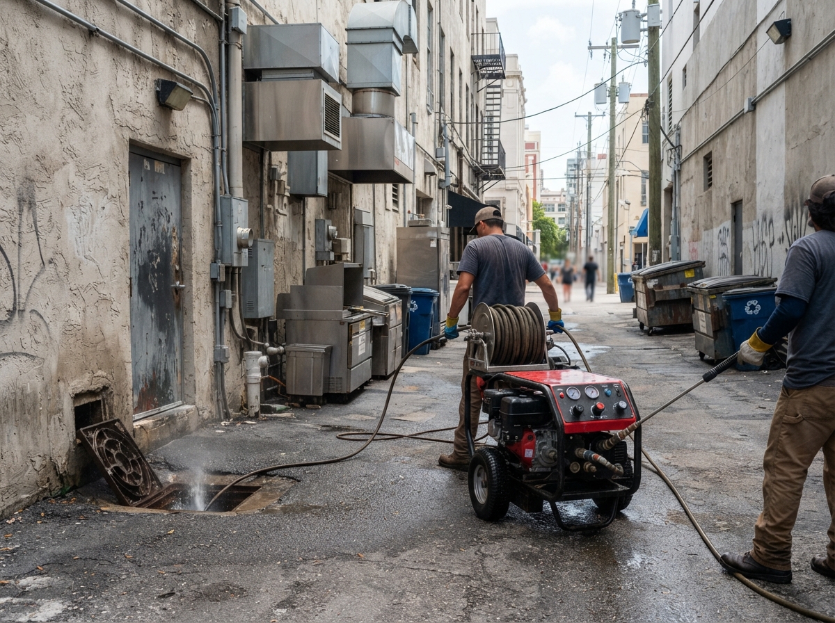 Commercial hydro-jetting service at a restaurant kitchen line along Clematis Street