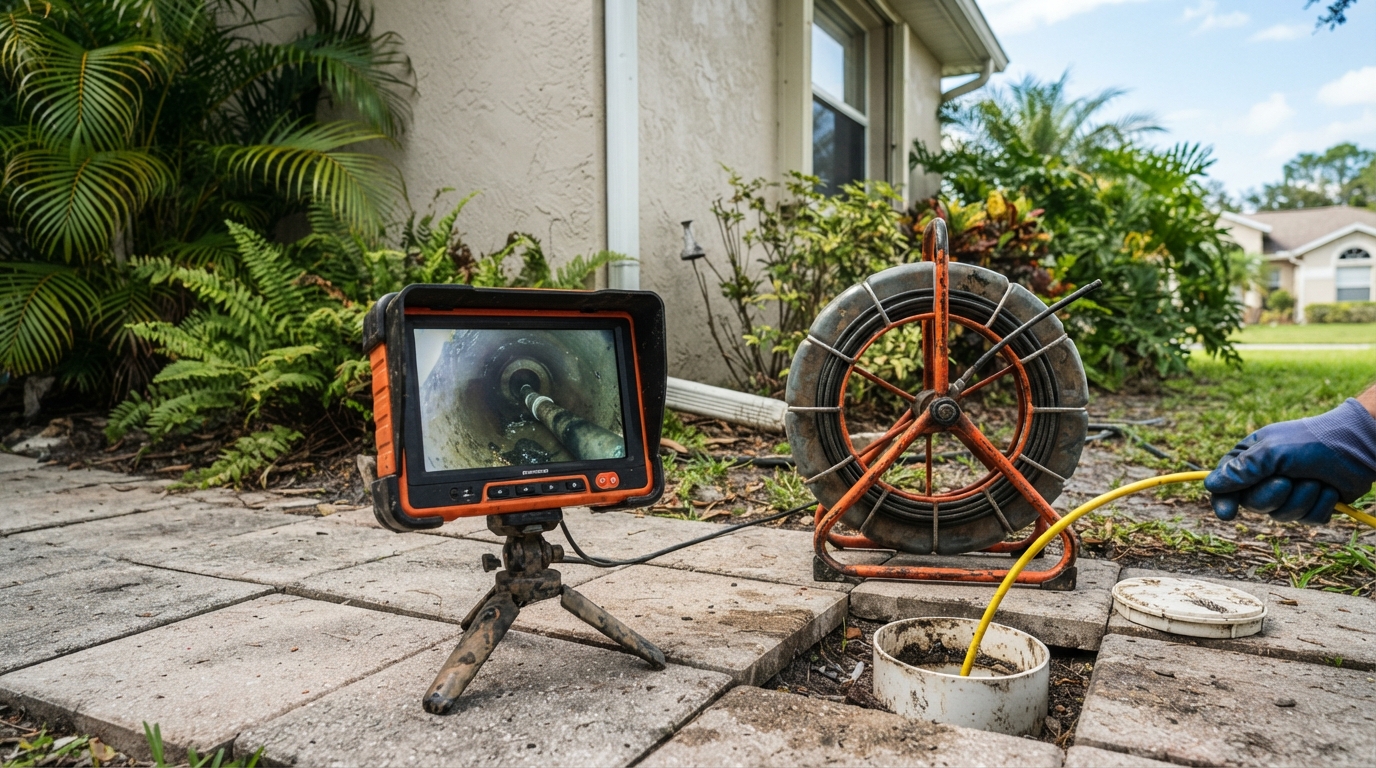 Sewer camera inspection confirming sewer connection and diagnosing root intrusion near Greenacres