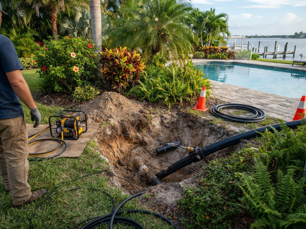 Pipe bursting access pit near landscaping at a Palm Beach island property