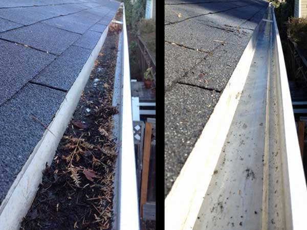 Gutter before and after cleaning showing leaves removed