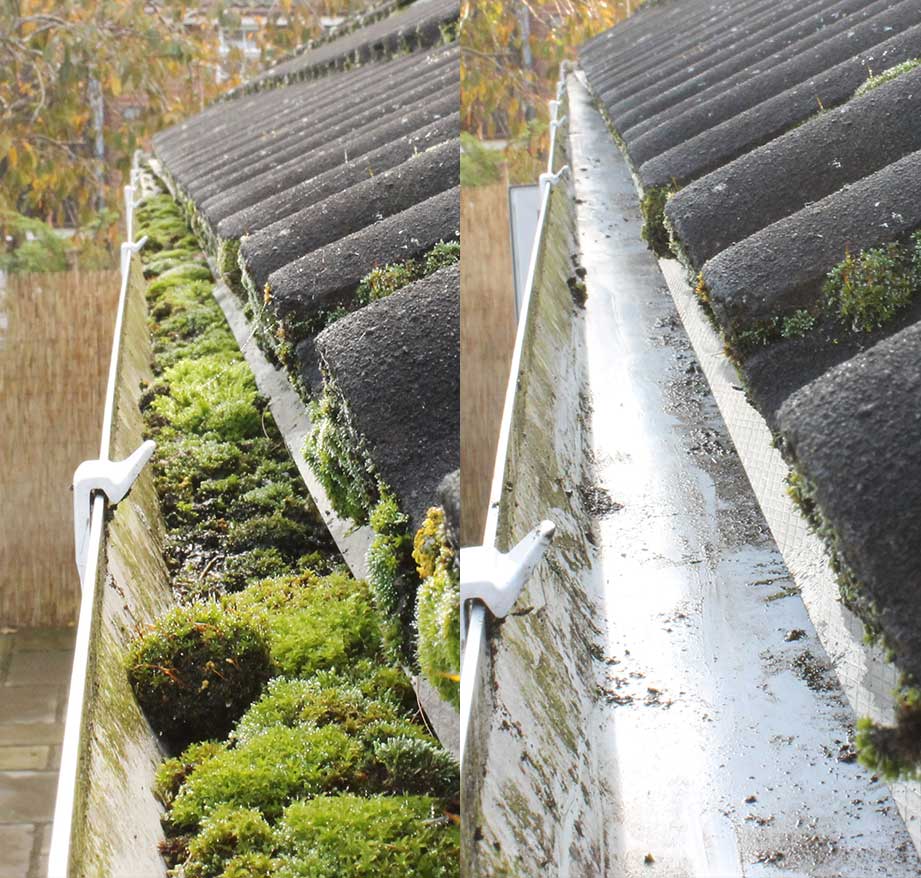 Blocked gutter cleared of moss and debris before and after