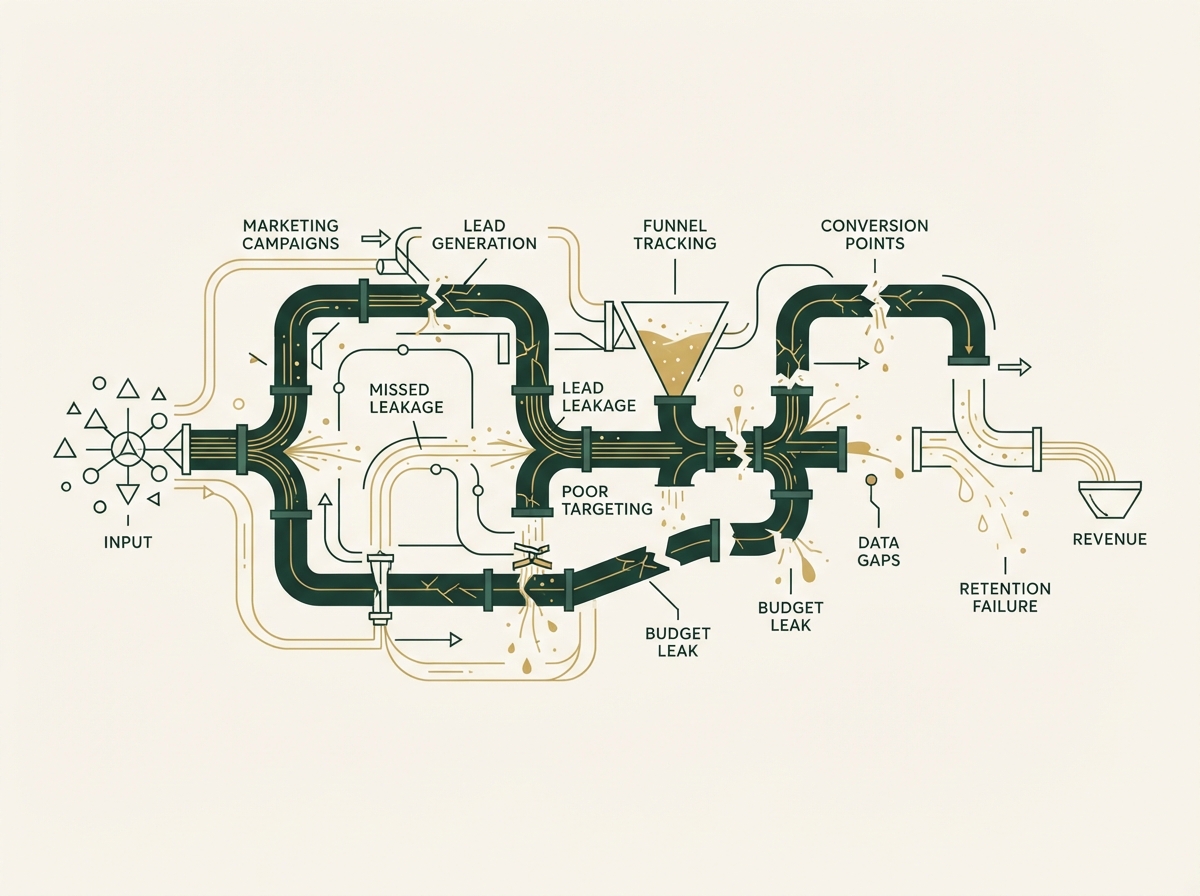 Conceptual diagram of revenue leaking through gaps in marketing systems