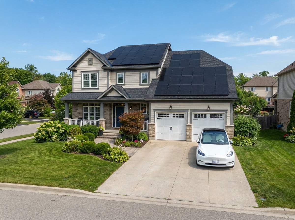 Residential solar panel installation on the roof of a two-story home with a Tesla Model Y parked in the driveway