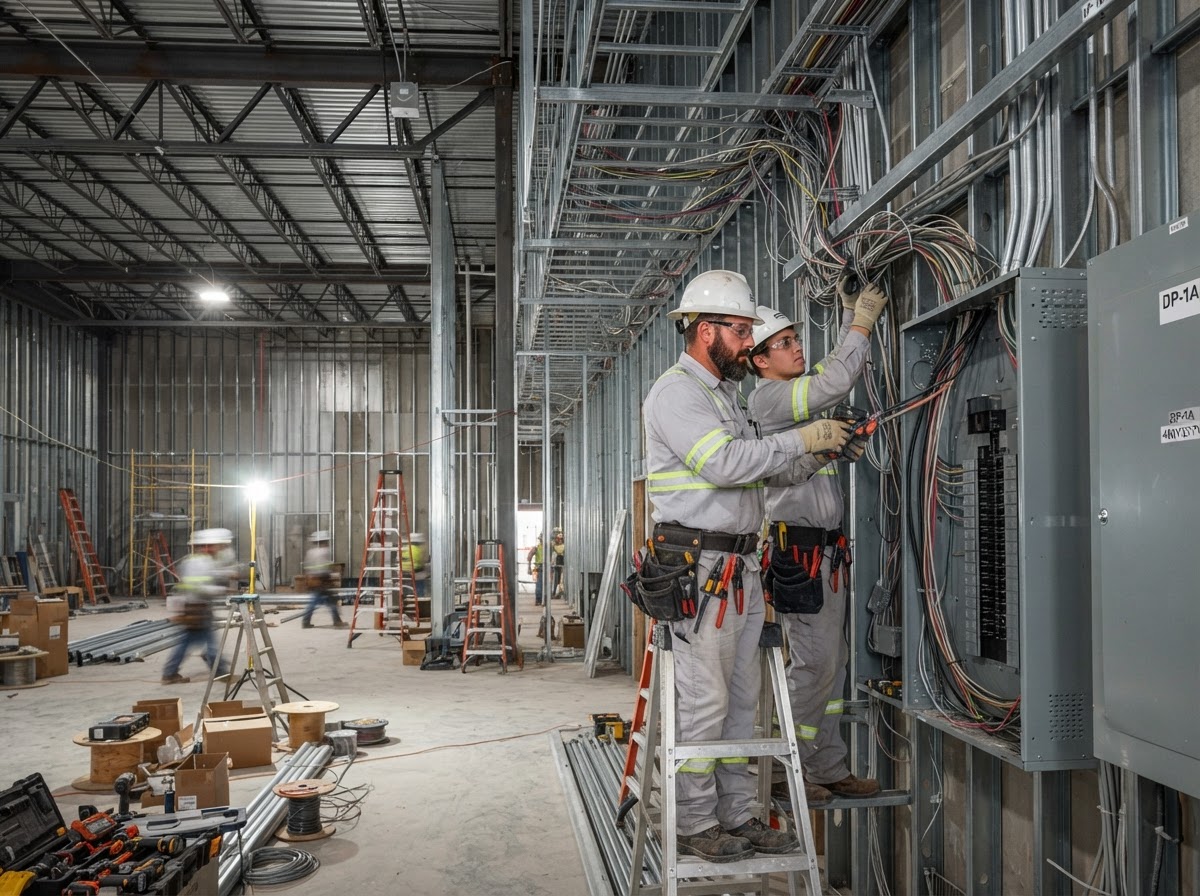 Coffing Electric commercial electrical installation inside a warehouse down to the metal studs
