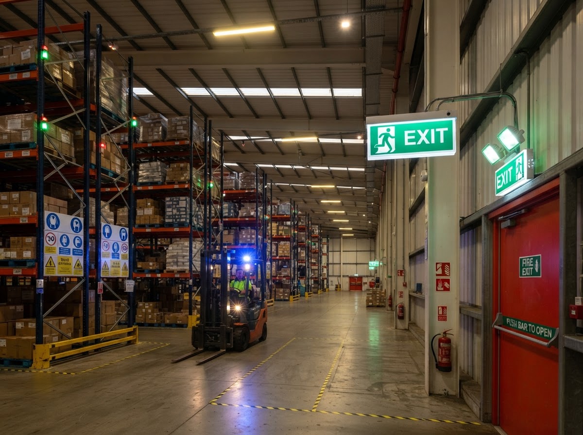 Industrial safety and emergency lighting installed in a warehouse