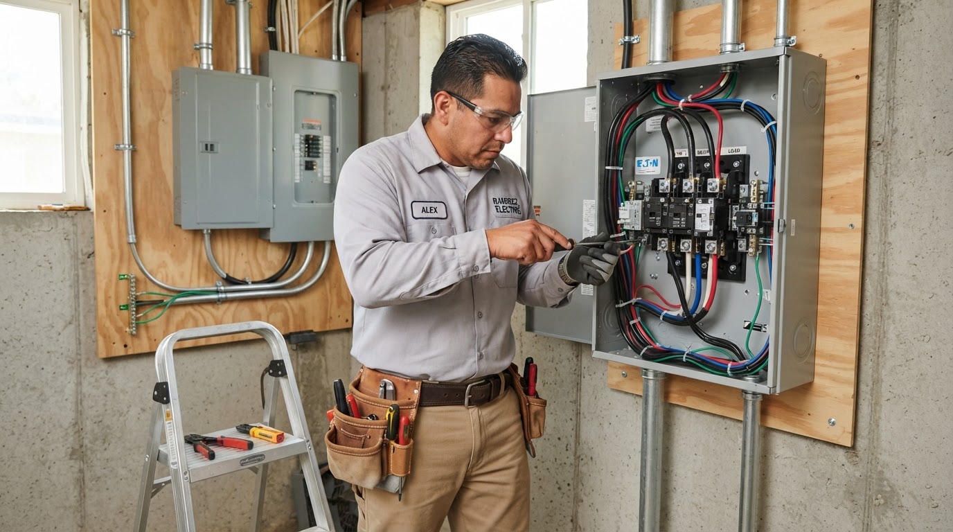 Coffing Electric electrician installing an automatic transfer switch for a standby generator