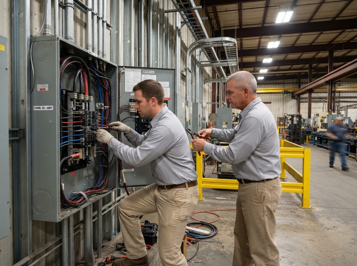Coffing Electric industrial electrical installation inside a warehouse down to the metal studs