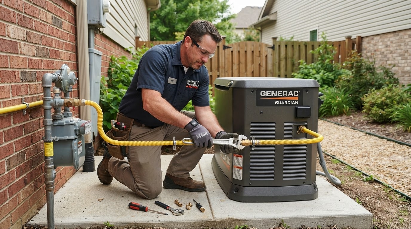 Natural gas fuel line connected to a standby generator during installation