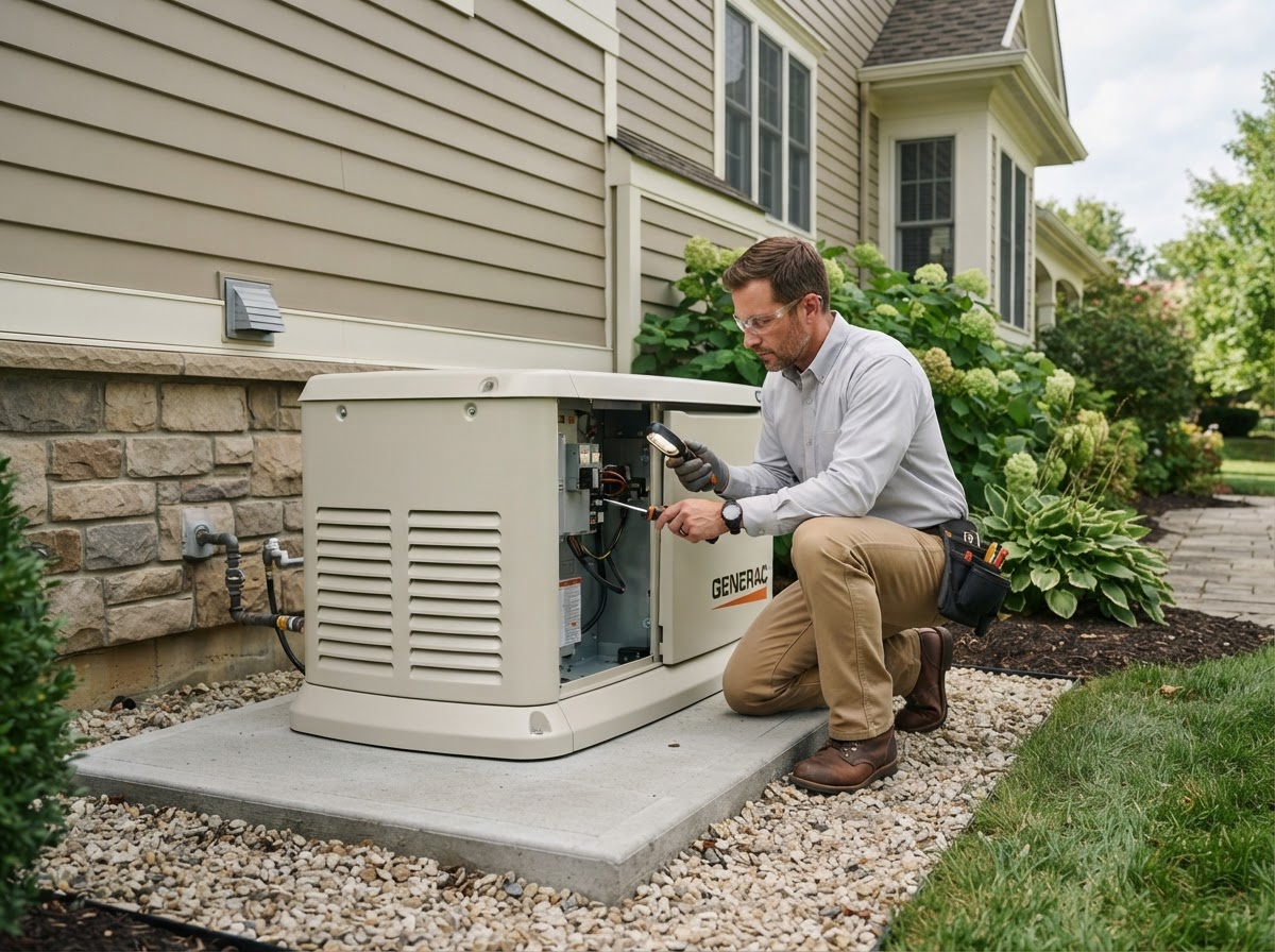 Exterior enclosure and pad inspection of a home standby generator during maintenance