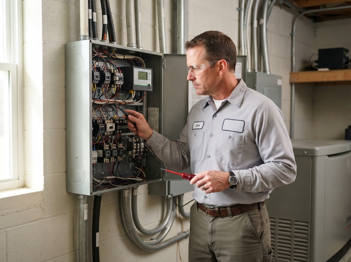 Automatic transfer switch inspection during a standby generator maintenance visit