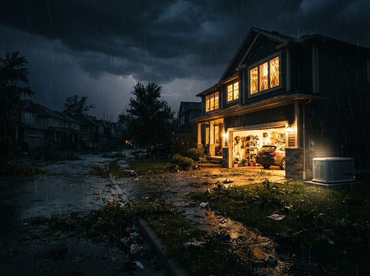 Suburban neighborhood dark during a storm with one house fully lit and a Generac standby generator beside the garage