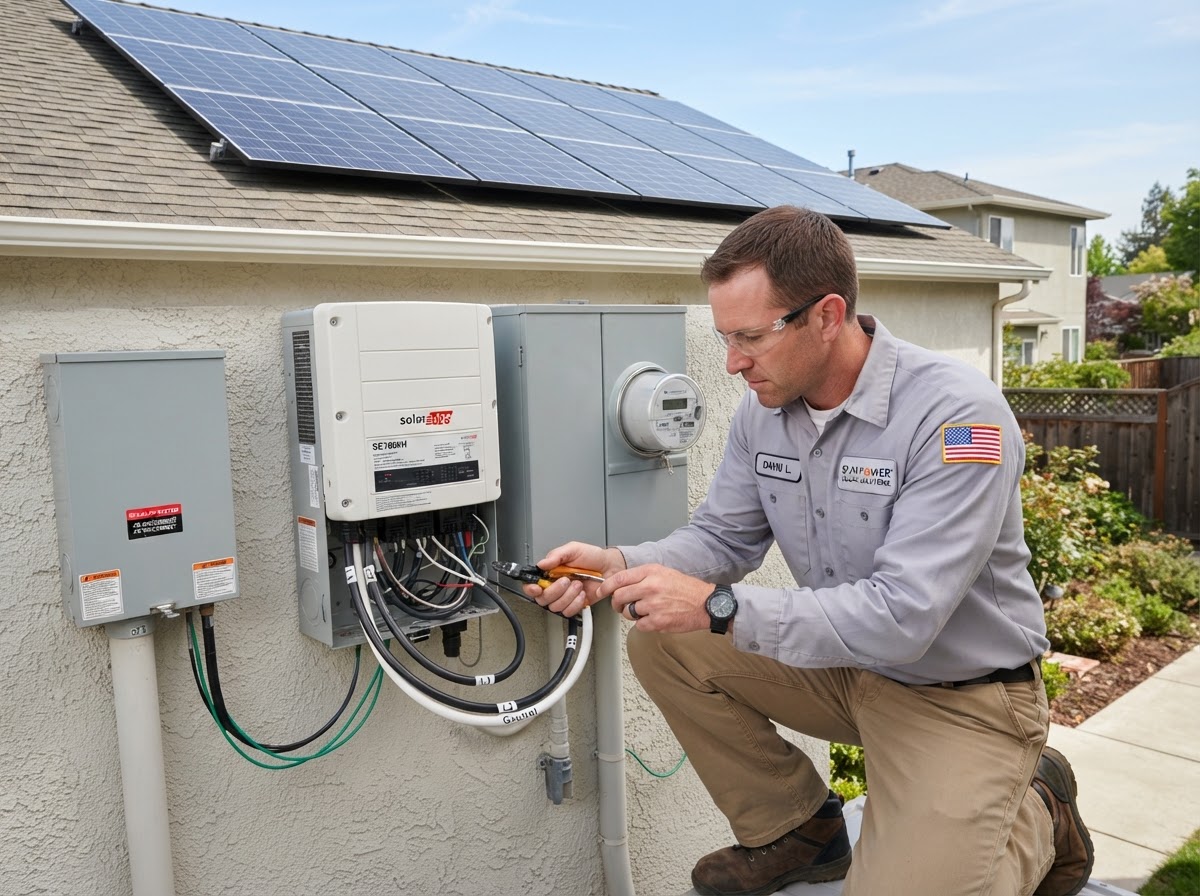 Coffing Electric electrician wiring a residential solar inverter at an exterior meter panel
