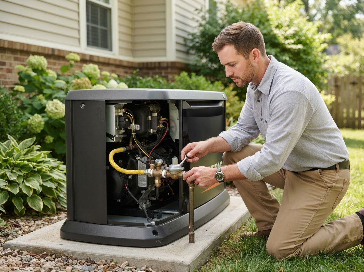 Coffing Electric technician inspecting the fuel system and gas line on a standby generator