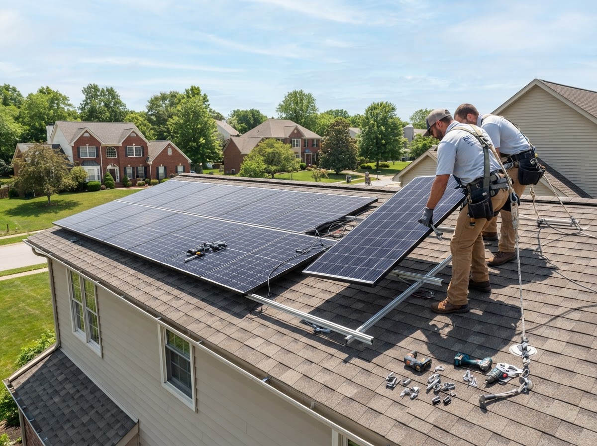 Coffing Electric crew installing solar panels on a residential pitched roof, with some panels mounted and others being positioned