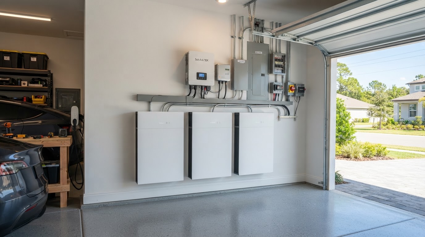 Unbranded residential battery backup energy storage system installed in a garage by Coffing Electric