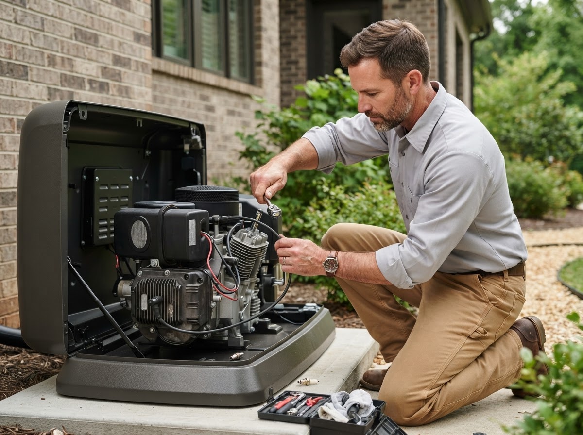 Coffing Electric technician inspecting and replacing a spark plug on a standby generator