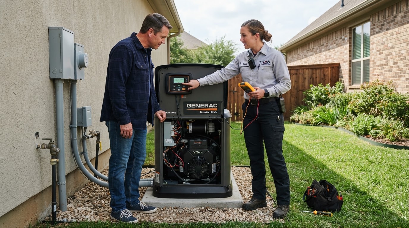 Coffing Electric electrician testing a standby generator system and walking the homeowner through operation