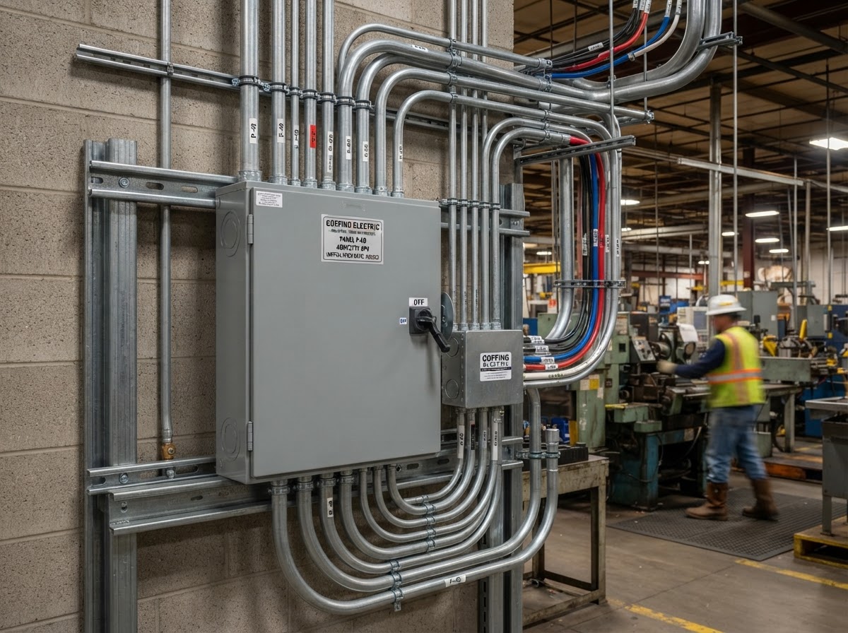 Coffing Electric industrial three-phase panel installation in a manufacturing facility