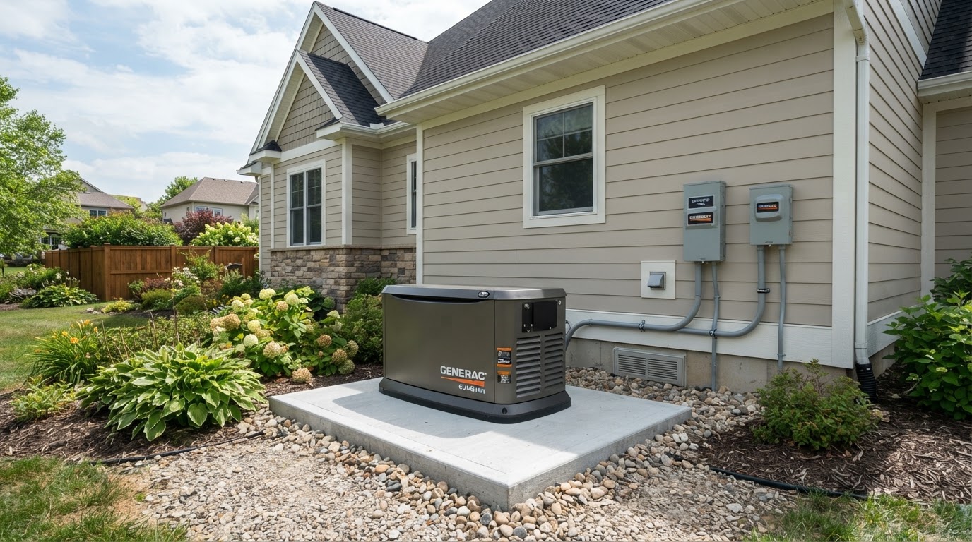 Standby generator placed on a concrete pad beside a home by Coffing Electric