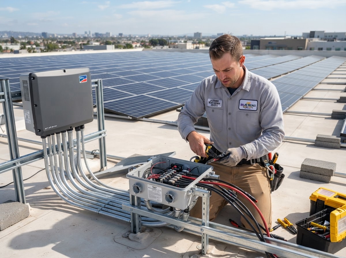 Commercial solar electrical installation completed by Coffing Electric on a flat-roof building
