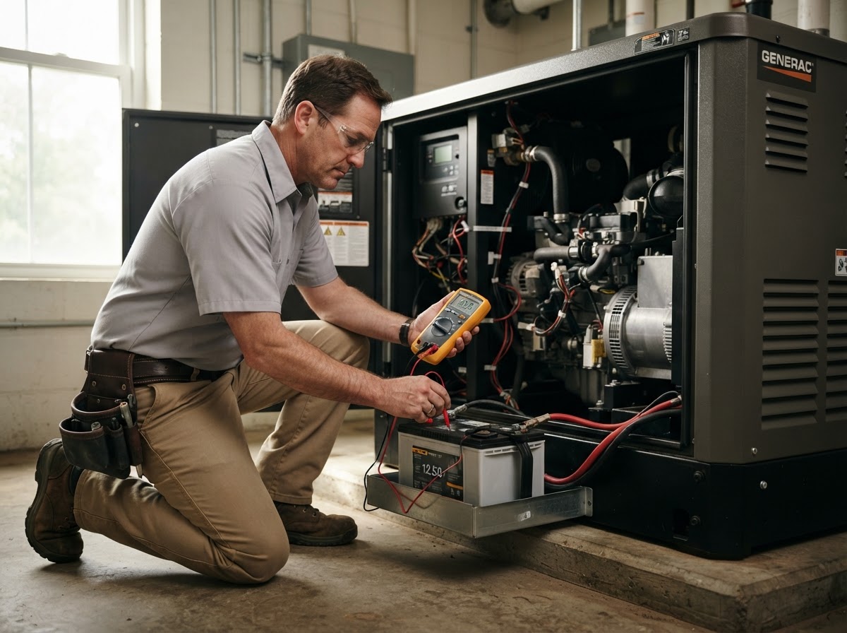 Standby generator starting battery test and inspection during maintenance