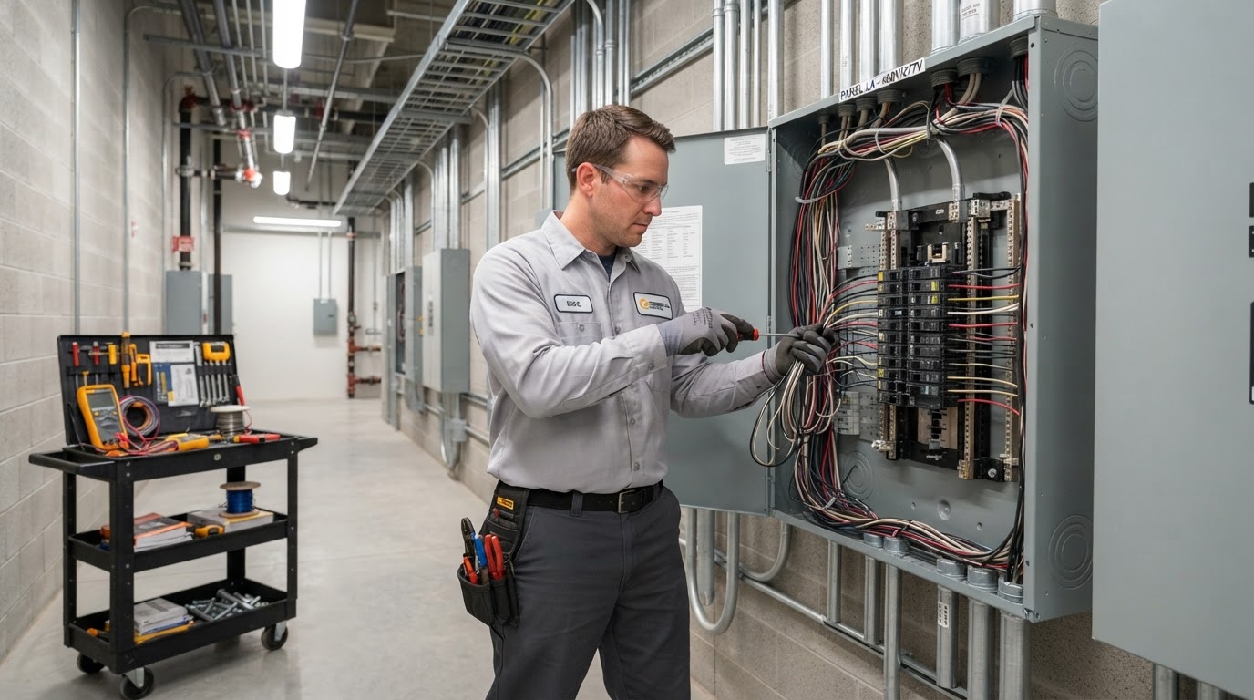 Coffing Electric electrician working on a commercial electrical panel