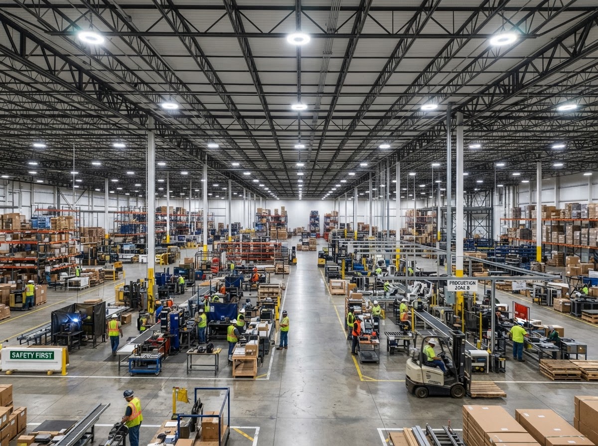 High-bay LED lighting installed in a warehouse by Coffing Electric