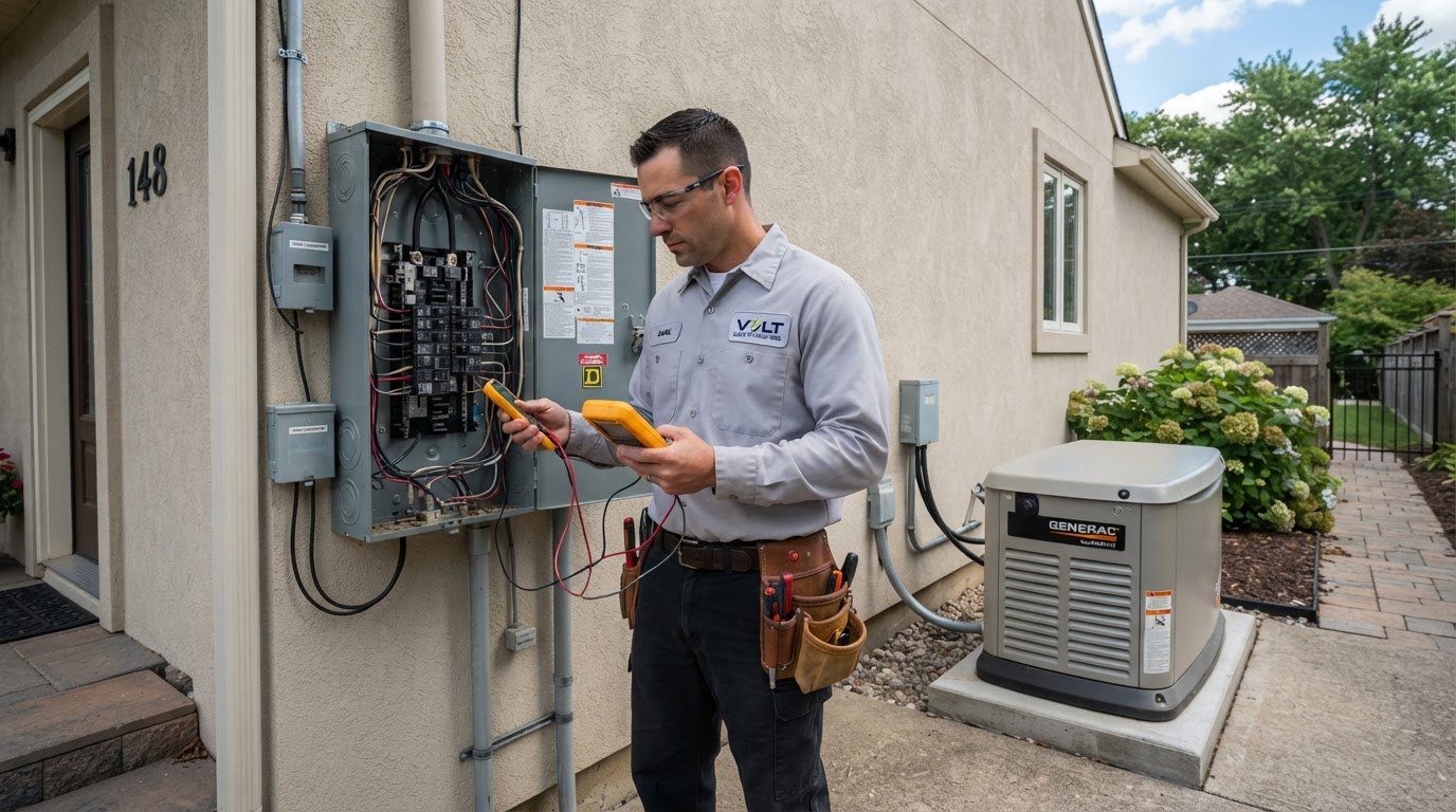 Coffing Electric electrician assessing a residential electrical panel before generator installation