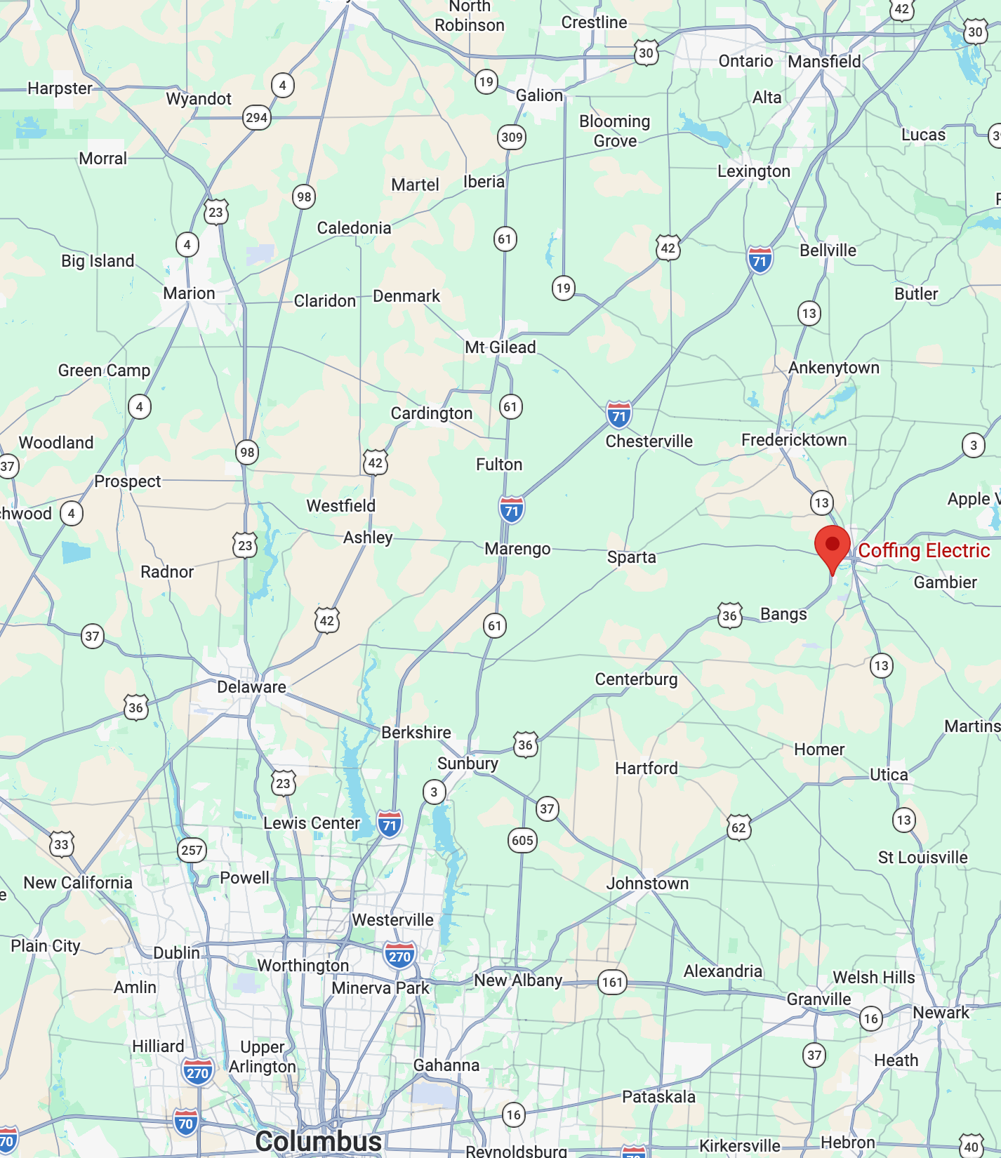 Service areas map for Coffing Electric LLC in Mount Vernon, Ohio
