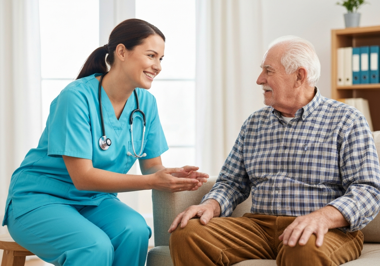 Nurse smiling with senior man