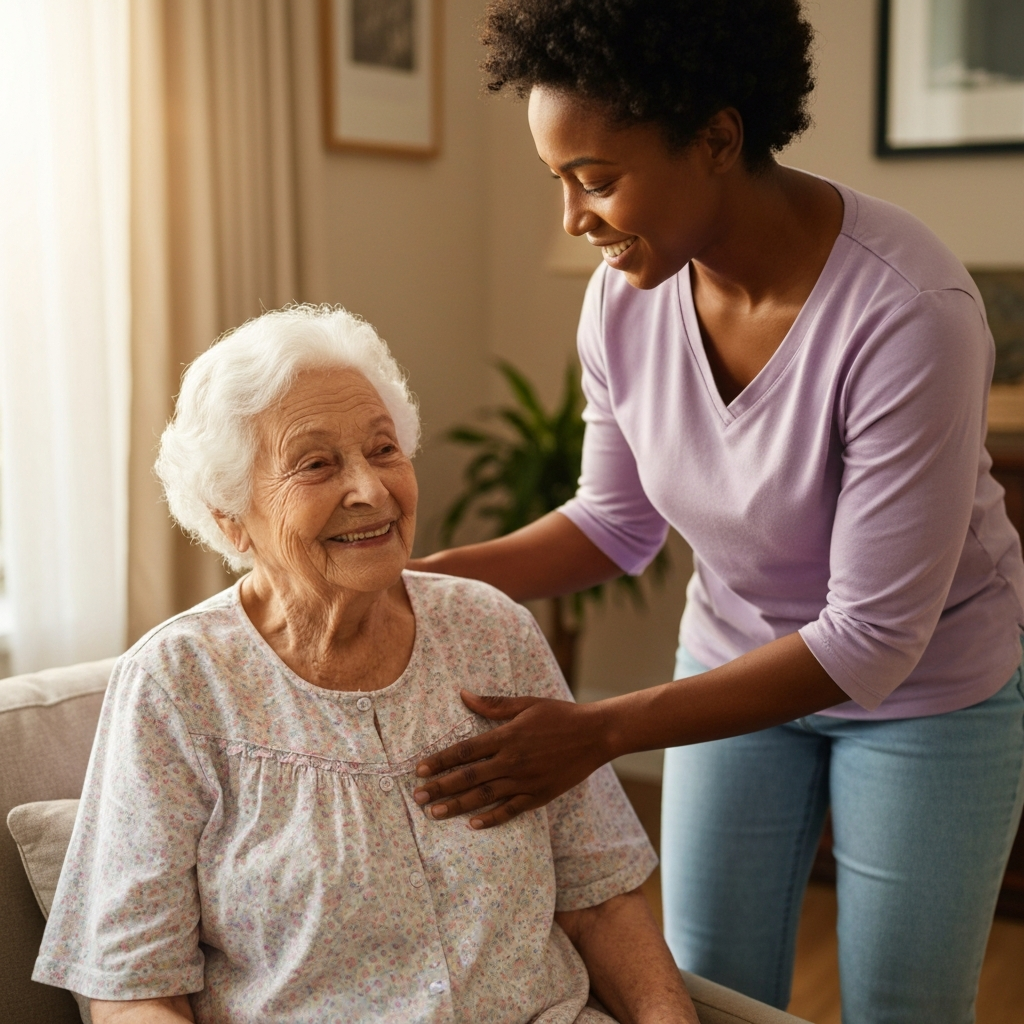 Caregiver helping senior woman