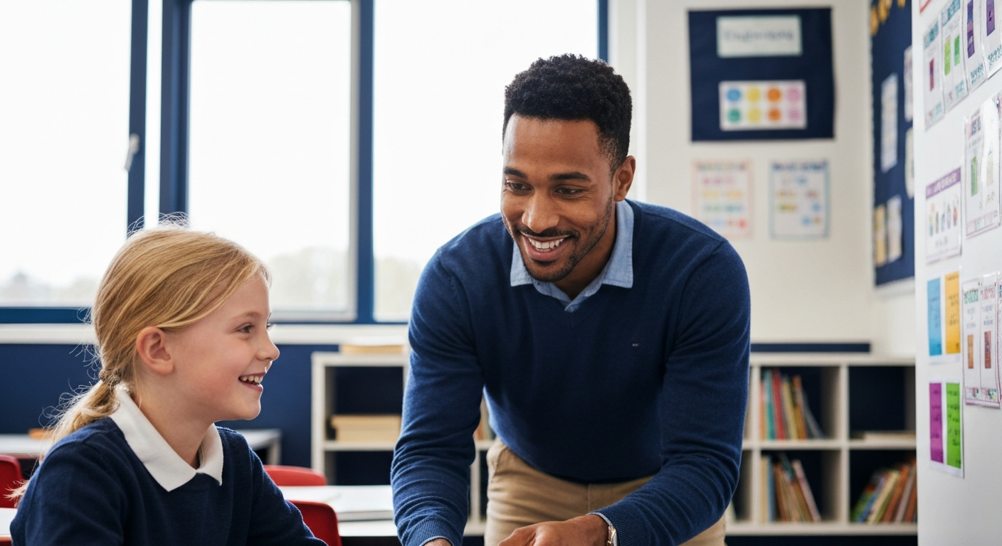 Teacher helping a student in a small classroom