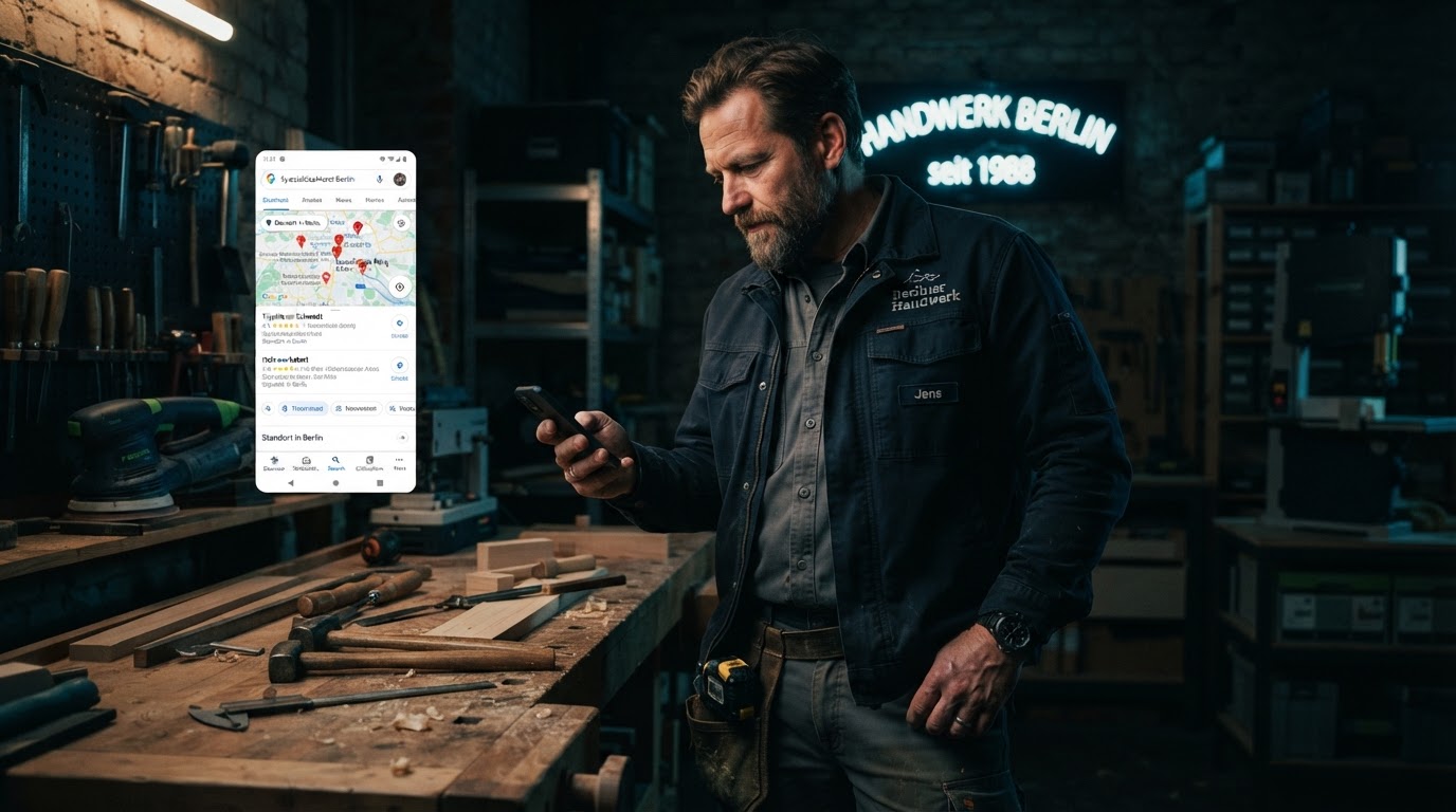 Deutscher Handwerker in moderner Berliner Werkstatt, der auf sein Smartphone mit Google-Suchergebnissen und Karte blickt