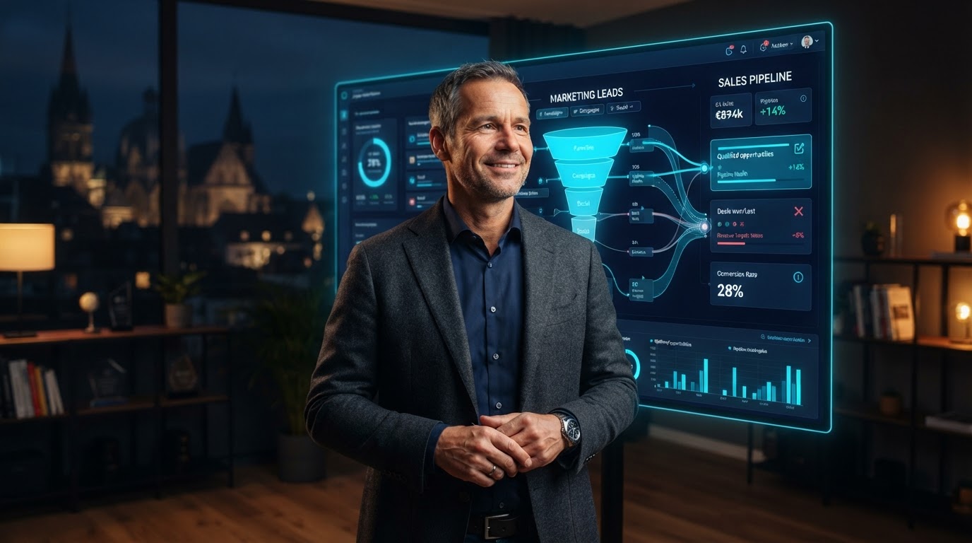 Selbstbewusster europäischer KMU-Inhaber in einem modernen Aachener Büro vor einem leuchtenden Display mit integriertem digitalen Vertriebs-Dashboard und cyanfarbenen Datenflüssen, warmes Premium-Licht