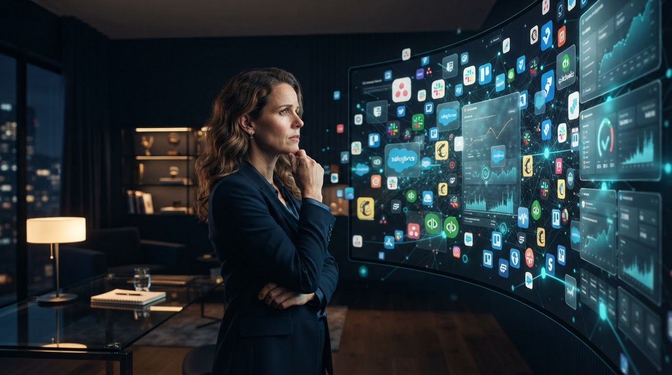 Europäischer KMU-Unternehmer im dunklen Büro vor einem Display mit chaotischer Software-Landschaft aus vielen verstreuten App-Icons