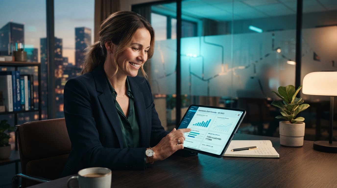 KMU-Unternehmer prüft Digitalisierungsförderung auf einem Tablet
