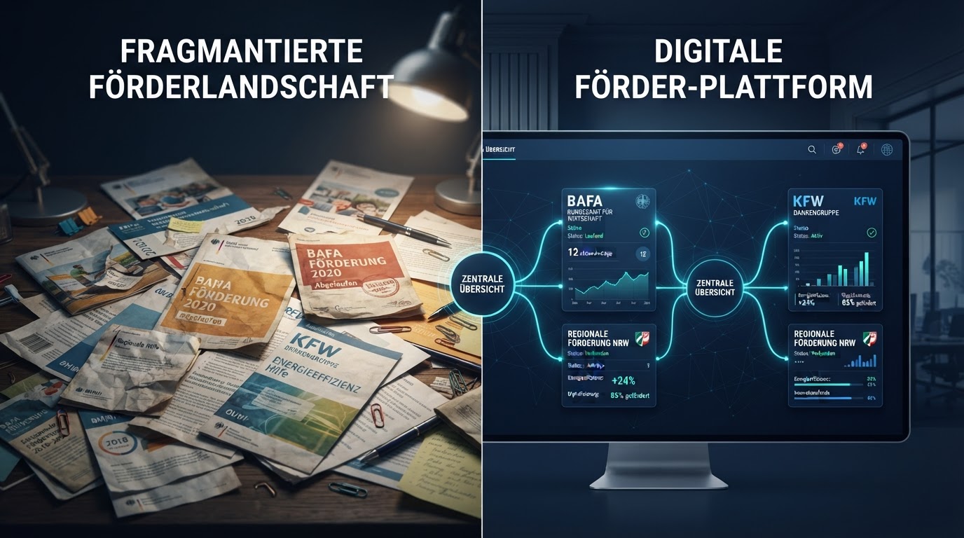 Konzeptbild: links verstreute ausgelaufene Förderprogrammbroschüren, rechts sauberes digitales Dashboard mit BAFA, KfW und Landesprogrammen, verbunden durch cyanfarbene Datenlinien